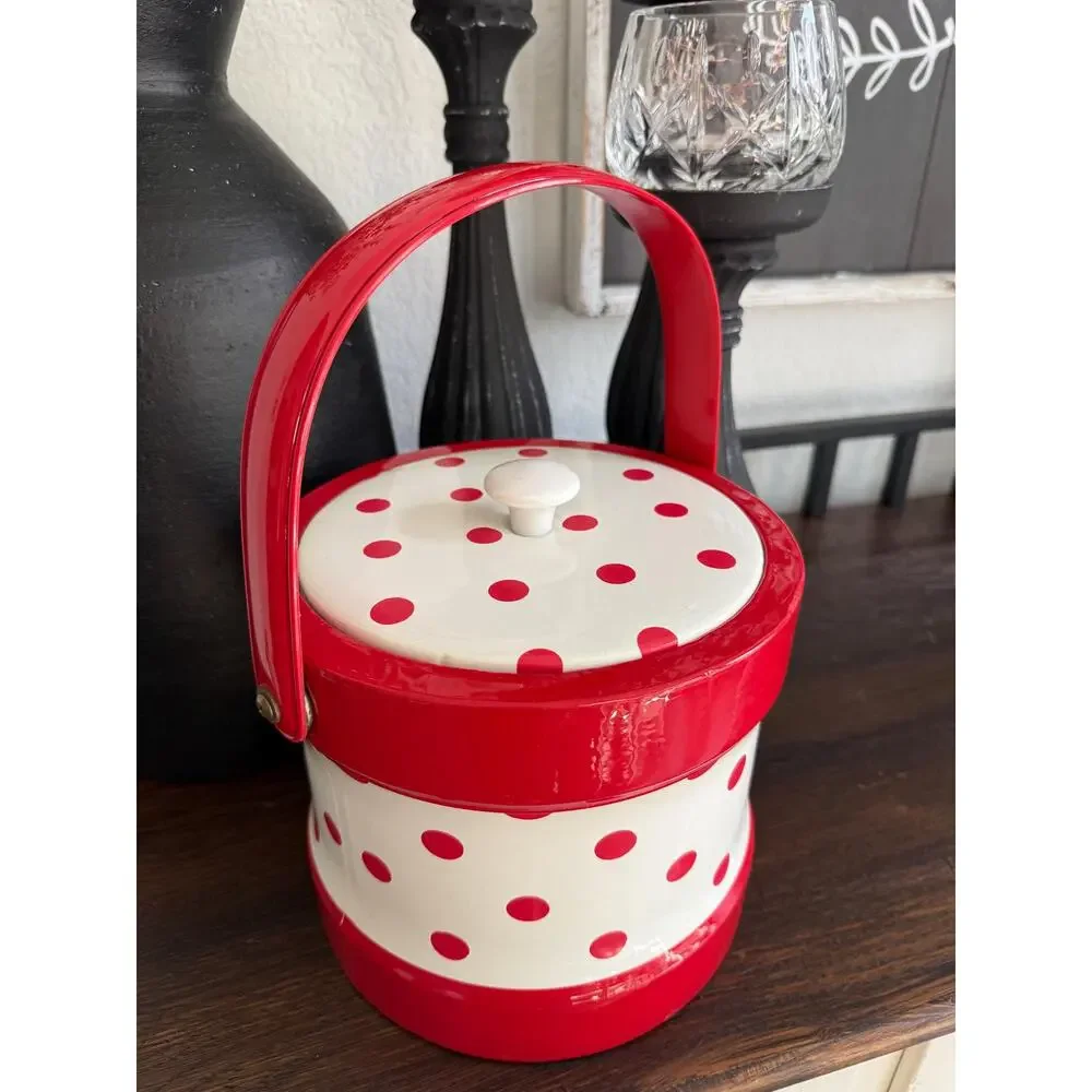 Vintage Red White Polka Dot Ice Bucket Retro Vinyl Barware Mid Century Style